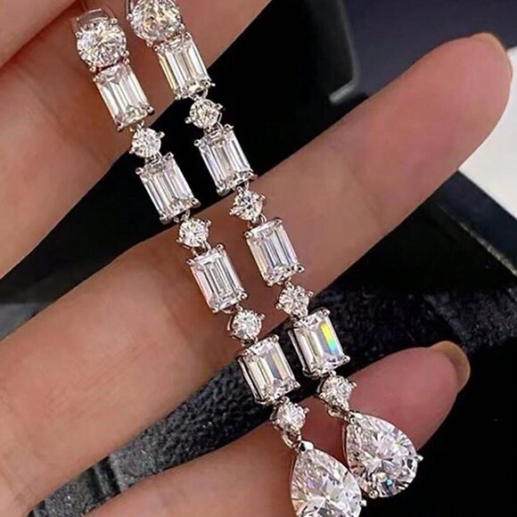 Luxury Silver Geometric Cubic Zirconia Dangle Women's Earrings - Picture 7 of 8